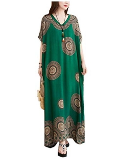 Flygo Women's Boho Printed Short Sleeve Maxi Dresses V-Neck Oversized Caftan Loungewear