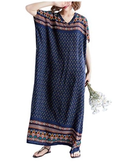 Flygo Women's Boho Printed Short Sleeve Maxi Dresses V-Neck Oversized Caftan Loungewear