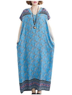 Flygo Women's Boho Printed Short Sleeve Maxi Dresses V-Neck Oversized Caftan Loungewear