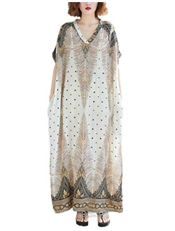 Flygo Women's Boho Printed Short Sleeve Maxi Dresses V-Neck Oversized Caftan Loungewear