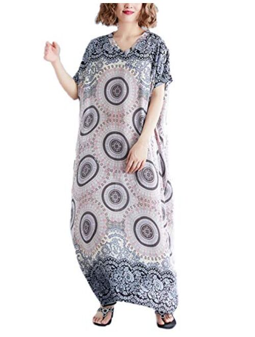 Flygo Women's Boho Printed Short Sleeve Maxi Dresses V-Neck Oversized Caftan Loungewear