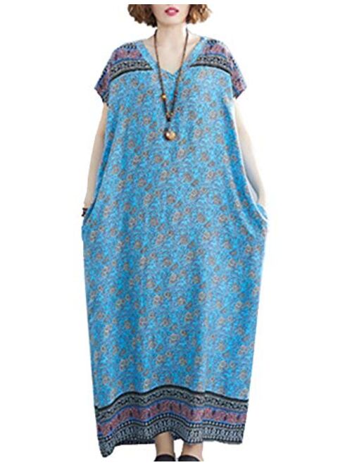 Flygo Women's Boho Printed Short Sleeve Maxi Dresses V-Neck Oversized Caftan Loungewear