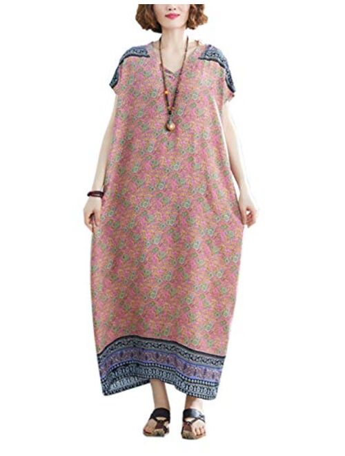 Flygo Women's Boho Printed Short Sleeve Maxi Dresses V-Neck Oversized Caftan Loungewear