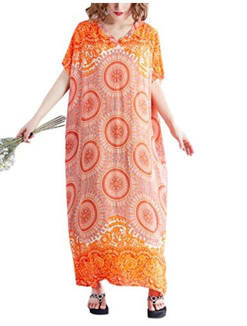 Flygo Women's Boho Printed Short Sleeve Maxi Dresses V-Neck Oversized Caftan Loungewear