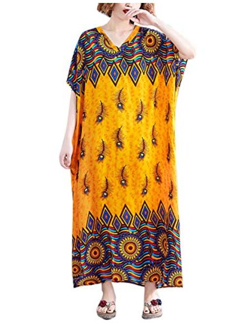 Flygo Women's Boho Printed Short Sleeve Maxi Dresses V-Neck Oversized Caftan Loungewear