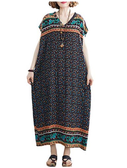 Flygo Women's Boho Printed Short Sleeve Maxi Dresses V-Neck Oversized Caftan Loungewear