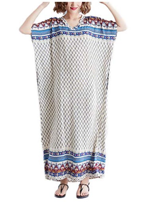 Flygo Women's Boho Printed Short Sleeve Maxi Dresses V-Neck Oversized Caftan Loungewear