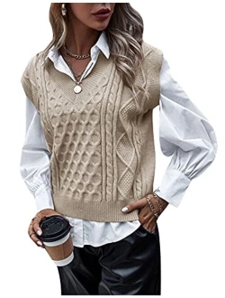 Gihuo Women’s Loose Fit Sleeveless Knitted Sweater Vest Vintage V Neck Cable Knit Pullover Tops