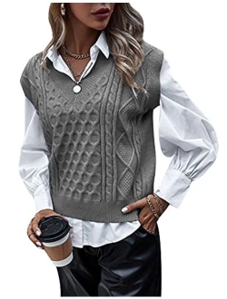 Gihuo Women’s Loose Fit Sleeveless Knitted Sweater Vest Vintage V Neck Cable Knit Pullover Tops