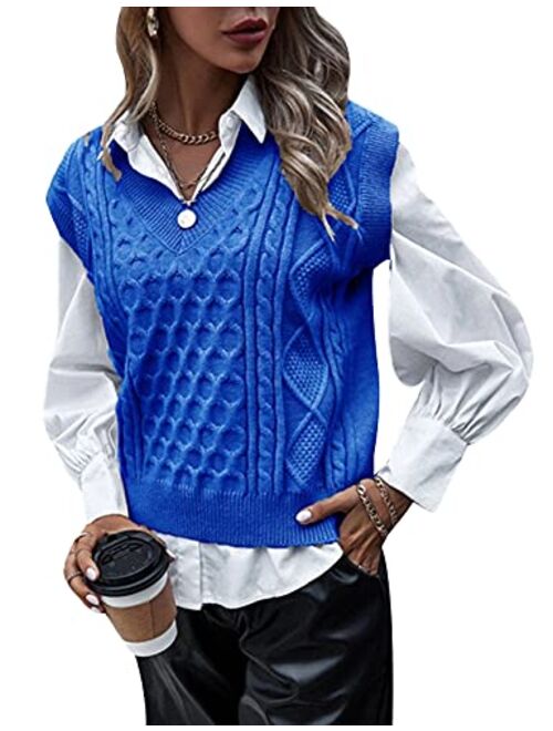 Gihuo Women’s Loose Fit Sleeveless Knitted Sweater Vest Vintage V Neck Cable Knit Pullover Tops