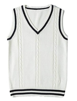 Gihuo Women's V Neck Sweater Vest Uniform Cable Knit Sleeveless Sweater