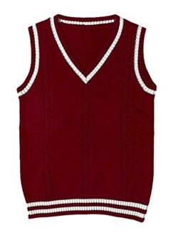 Gihuo Women's V Neck Sweater Vest Uniform Cable Knit Sleeveless Sweater