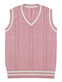 Gihuo Women's V Neck Sweater Vest Uniform Cable Knit Sleeveless Sweater