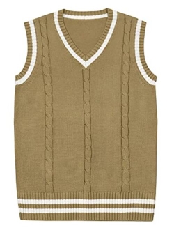 Gihuo Women's V Neck Sweater Vest Uniform Cable Knit Sleeveless Sweater