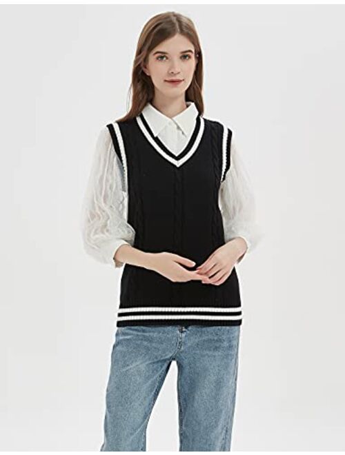 Gihuo Women's V Neck Sweater Vest Uniform Cable Knit Sleeveless Sweater