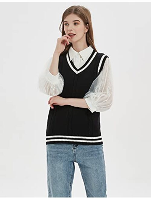 Gihuo Women's V Neck Sweater Vest Uniform Cable Knit Sleeveless Sweater