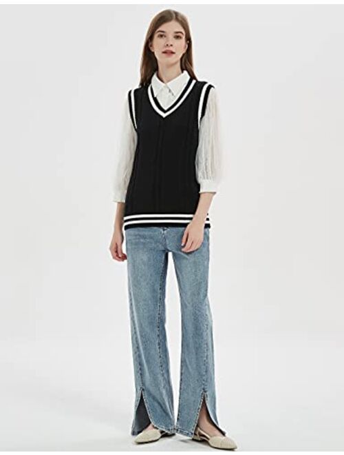 Gihuo Women's V Neck Sweater Vest Uniform Cable Knit Sleeveless Sweater