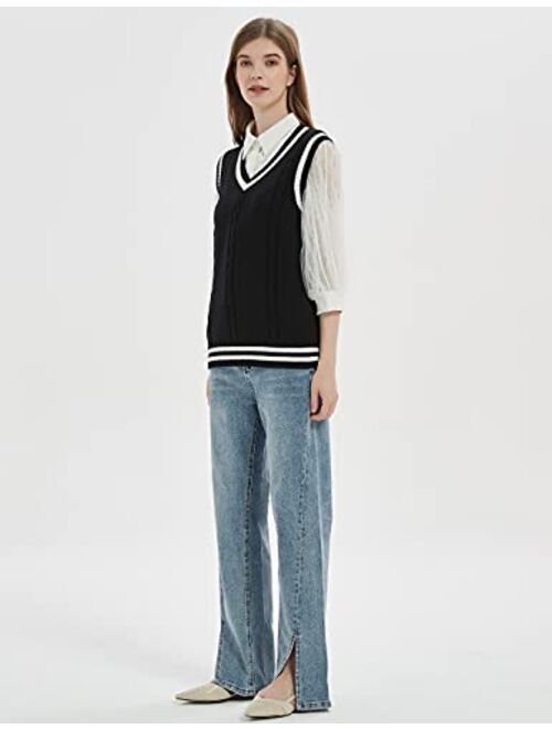 Gihuo Women's V Neck Sweater Vest Uniform Cable Knit Sleeveless Sweater