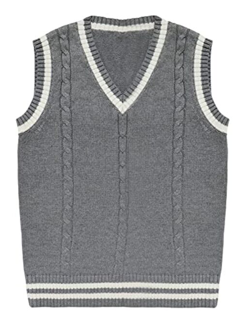 Gihuo Women's V Neck Sweater Vest Uniform Cable Knit Sleeveless Sweater