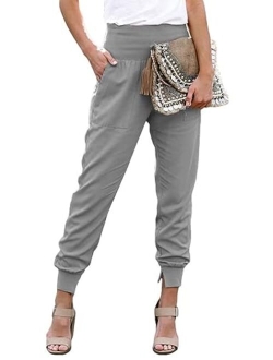 Womens Fashion Casual Drawstring Elastic Waist Cotton Jogging Jogger Pants with Pockets