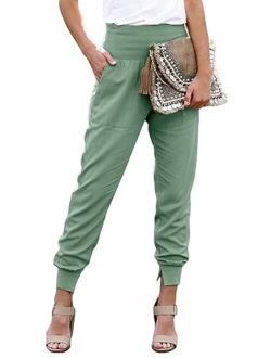 Womens Fashion Casual Drawstring Elastic Waist Cotton Jogging Jogger Pants with Pockets