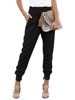 Womens Fashion Casual Drawstring Elastic Waist Cotton Jogging Jogger Pants with Pockets