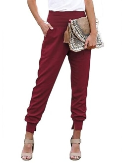 Womens Fashion Casual Drawstring Elastic Waist Cotton Jogging Jogger Pants with Pockets