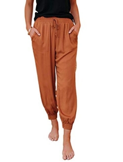 Womens Soft Casual Drawstring Tie Elastic Waist Loose Jogger Pants with Pockets