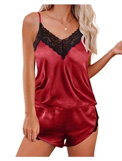 Women's Lace Trim Satin Sleepwear Cami Top and Shorts Pyjama Sets