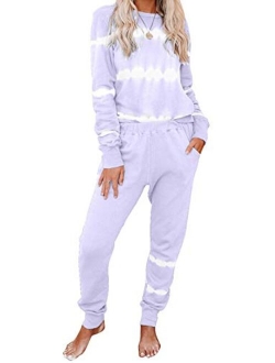 Womens Tie Dye Print Pyjama Sets Long Sleeve Tops and Pants Pocketed Pjs Joggers Sleepwear Loungewear