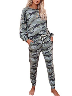 Womens Tie Dye Print Pyjama Sets Long Sleeve Tops and Pants Pocketed Pjs Joggers Sleepwear Loungewear