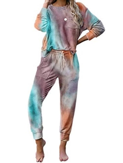 Womens Tie Dye Print Pyjama Sets Long Sleeve Tops and Pants Pocketed Pjs Joggers Sleepwear Loungewear