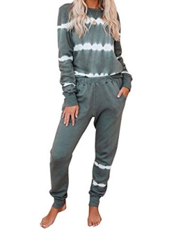 Womens Tie Dye Print Pyjama Sets Long Sleeve Tops and Pants Pocketed Pjs Joggers Sleepwear Loungewear