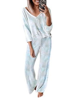 Womens Tie Dye Print Pyjama Sets Long Sleeve Tops and Pants Pocketed Pjs Joggers Sleepwear Loungewear