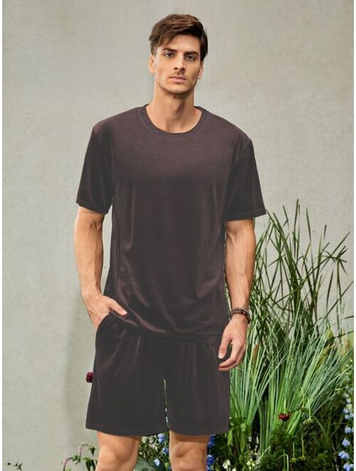 Shein Men Solid Velvet Tee & Shorts