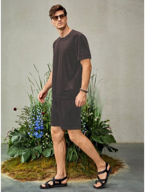 Shein Men Solid Velvet Tee & Shorts