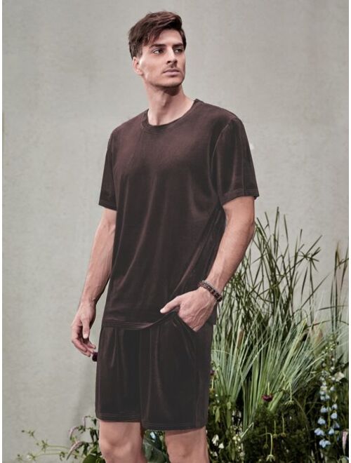 Shein Men Solid Velvet Tee & Shorts