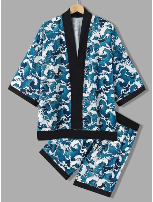 Shein Men Random Wave Print Kimono & Drawstring Waist Shorts