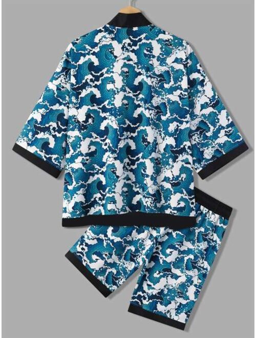 Shein Men Random Wave Print Kimono & Drawstring Waist Shorts