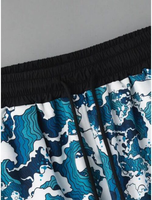 Shein Men Random Wave Print Kimono & Drawstring Waist Shorts