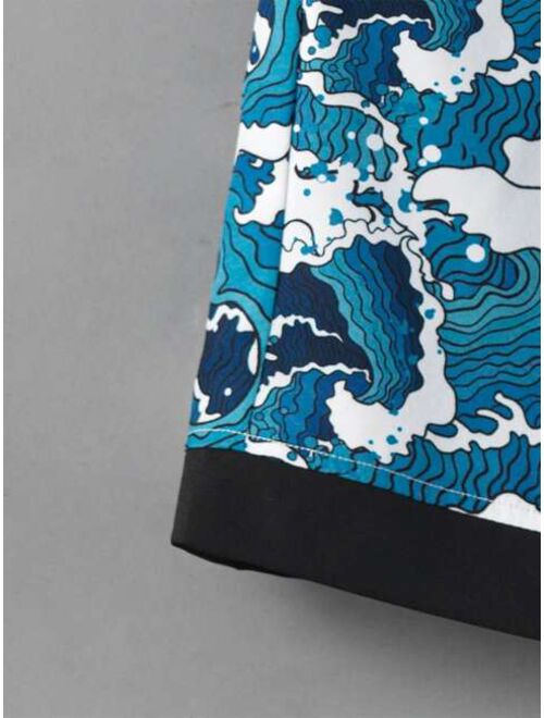 Shein Men Random Wave Print Kimono & Drawstring Waist Shorts