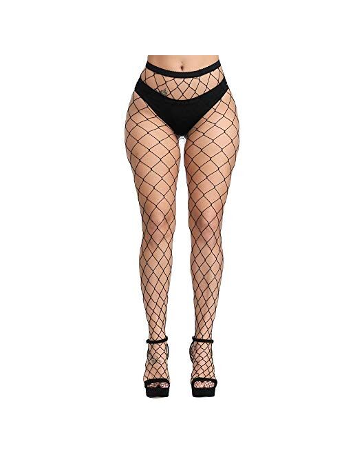 E-Laurels Womens High Waist Patterned Fishnet Tights Suspenders Pantyhose Thigh High Stockings Black