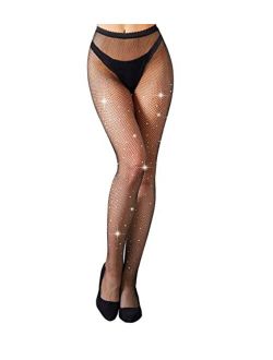 MengPa Fishnet Stockings Rhinestone High Waist Sparkly Tights for Women