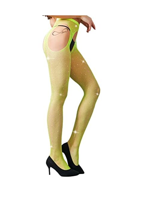 MengPa Fishnet Stockings Rhinestone High Waist Sparkly Tights for Women