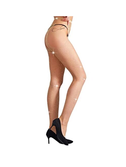 MengPa Fishnet Stockings Rhinestone High Waist Sparkly Tights for Women