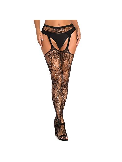 MengPa Fishnet Stockings Rhinestone High Waist Sparkly Tights for Women