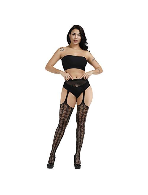 WEANMIX Lace Patterned Fishnet Stockings Thigh High Pantyhose Black Tights for Women