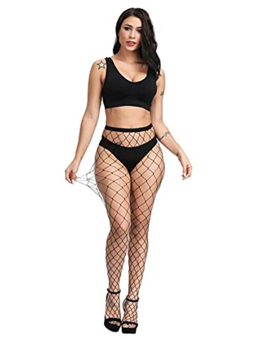 Pareberry Women's High Waisted Fishnet Tights Sexy Wide Mesh Fishnet Stockings