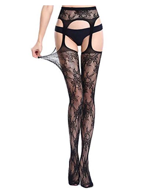 Huimeijia Garters Pantyhose Suspender Tights Lace Fishnet Garter With Attached Thigh High Stockings Black One Size Fits Most