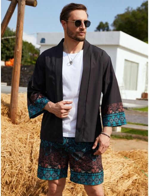 Shein Men Graphic Print Kimono With Shorts Without Tee